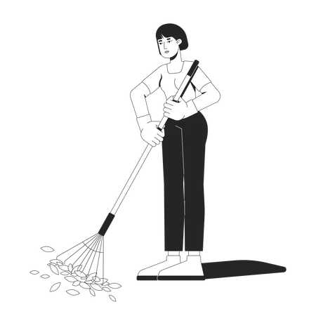 Asian woman raking leaves while wearing gloves  Illustration