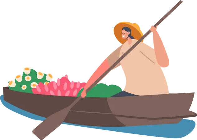 Asian Woman Seller Wear Straw Hat Sell Fruits and Flowers on Wooden Boat Illustration