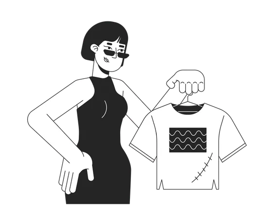 Woman Showing Fixed T Shirt Black And White Cartoon Flat Illustration Japanese Female With Old Clothes Cartoon Outline Character Isolated On White Consumption Monochrome Scene Vector Outline Image Illustration