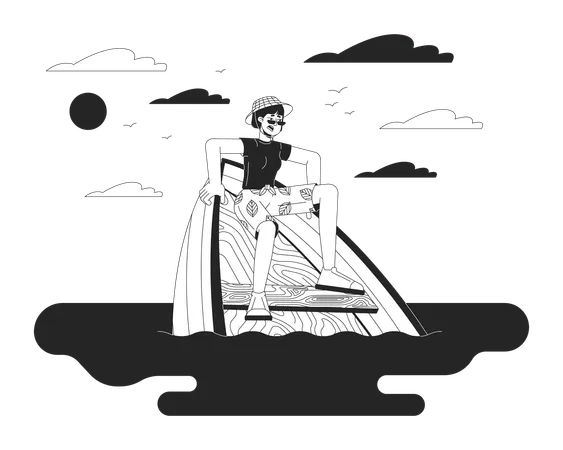 Asian Woman Surviving Boat Accident Black And White Cartoon Flat Illustration Korean Female In Drowning Vessel 2 D Lineart Character Isolated Danger On Water Monochrome Scene Vector Outline Image Illustration