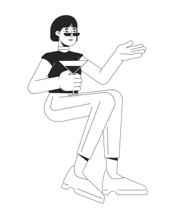 Asian Woman With Cocktail Glass Black And White 2 D Line Cartoon Character Young Female Sitting At Party Isolated Vector Outline Person Chilling At Home Booze Monochromatic Flat Spot Illustration Illustration