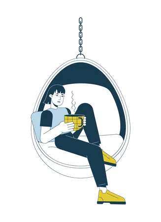 Asian woman with coffee mug in hanging chair  Illustration