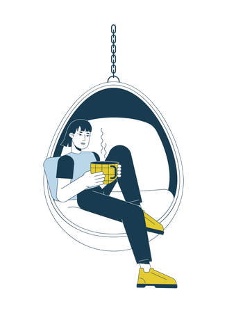 Asian woman with coffee mug in hanging chair  Illustration