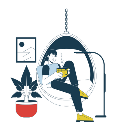 Asian woman with coffee mug in hanging chair  Illustration