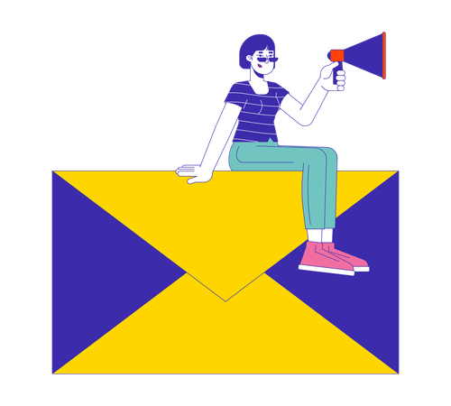 Asian woman with megaphone sitting on envelope  Illustration
