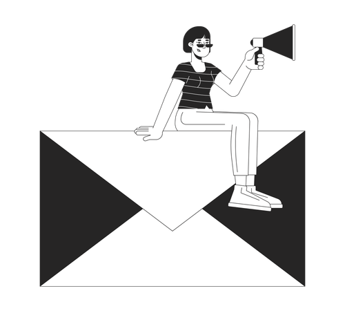 Asian woman with megaphone sitting on envelope  Illustration