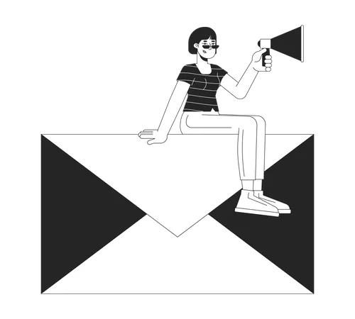 Asian woman with megaphone sitting on envelope  Illustration