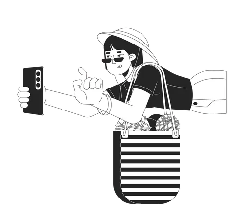 Asian Woman With Yarn Bag Taking Photo Black And White 2 D Line Cartoon Character Japanese Female Knitter And Photographer Isolated Vector Outline Person Hobbies Monochromatic Flat Spot Illustration Illustration