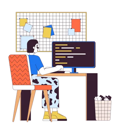 Asian Woman Working On Computer 2 D Linear Cartoon Character Korean Female Freelancer At Home Office Isolated Line Vector Person White Background Comfortable Telework Color Flat Spot Illustration Illustration