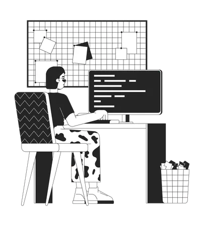 Asian Woman Working On Computer Black And White 2 D Line Cartoon Character Korean Female Freelancer At Home Office Isolated Vector Outline Person Telework Monochromatic Flat Spot Illustration Illustration
