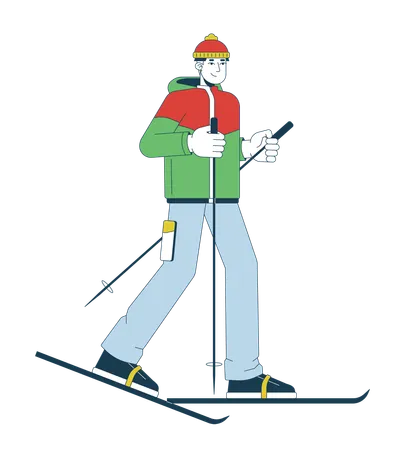 Asian young adult man skier using ski poles  イラスト