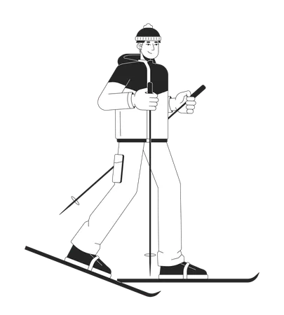 Asian Young Adult Man Skier Using Ski Poles Black And White 2 D Line Cartoon Character Skiing Korean Male Isolated Vector Outline Person Active Lifestyle Monochromatic Flat Spot Illustration Illustration