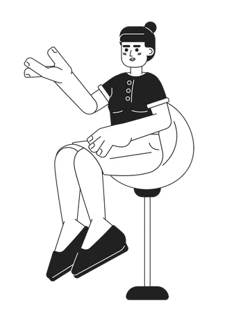 Asian Young Adult Woman Sitting On Swivel Bar Stool Black And White 2 D Cartoon Character Korean Female On Barstool Isolated Vector Outline Person TV Host Monochromatic Flat Spot Illustration Illustration
