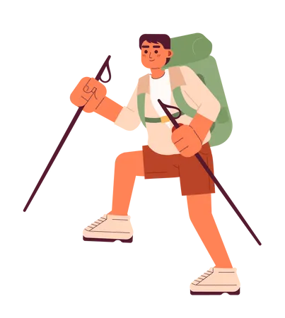 Asian young male hiker climber with trekking poles  Illustration