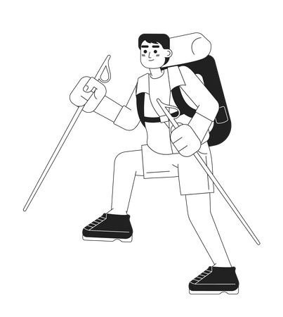 Asian young male hiker climber with trekking poles  Illustration