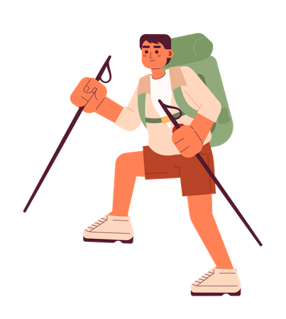 Asian young male hiker climber with trekking poles  Illustration