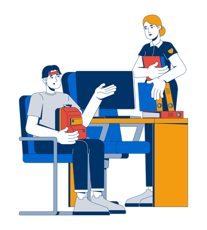 Asian young man filing police report with officer  Illustration