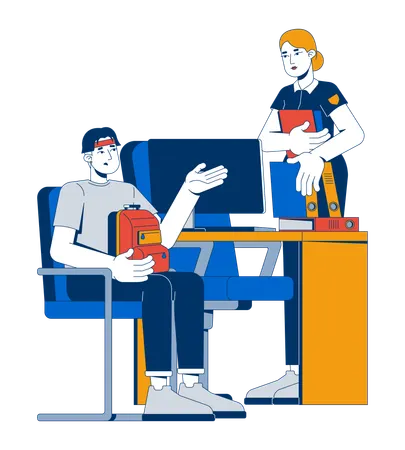 Asian young man filing police report with officer  Illustration