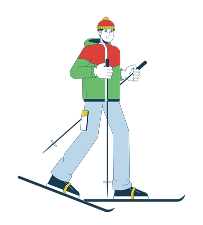 Esquiador adulto jovem asiático usando bastões de esqui  Ilustração