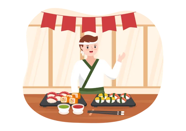 Macho asiático comendo sushi  Ilustração