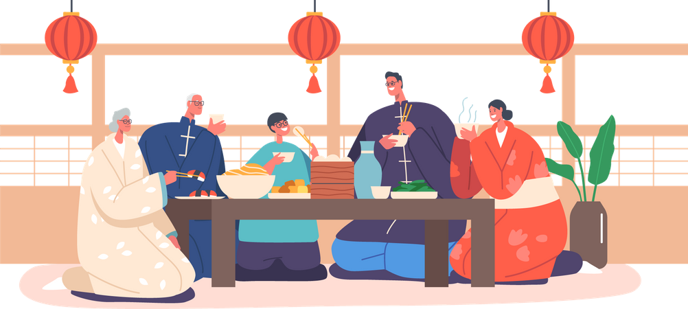 Asiatische Familie beim Abendessen zu Hause  Illustration