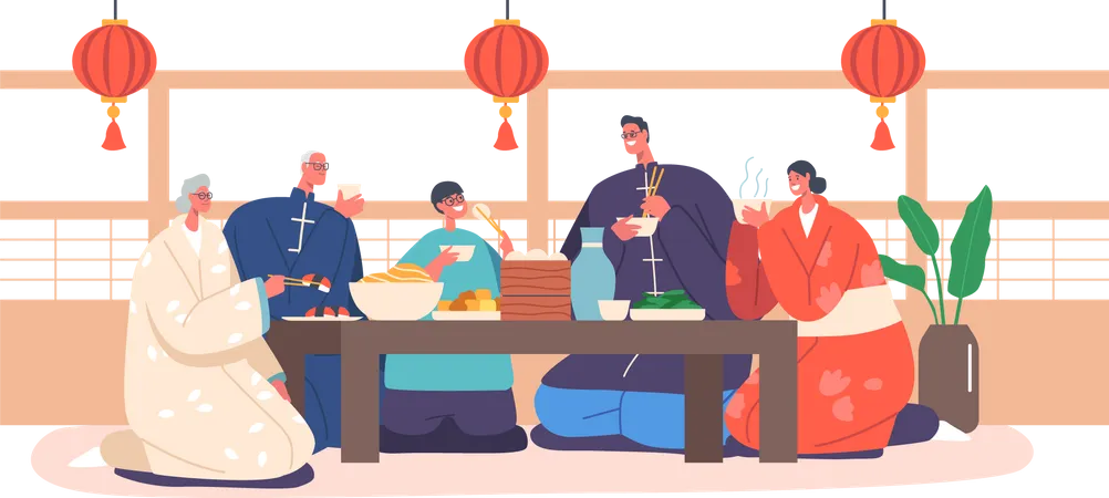 Asiatische Familie beim Abendessen zu Hause  Illustration