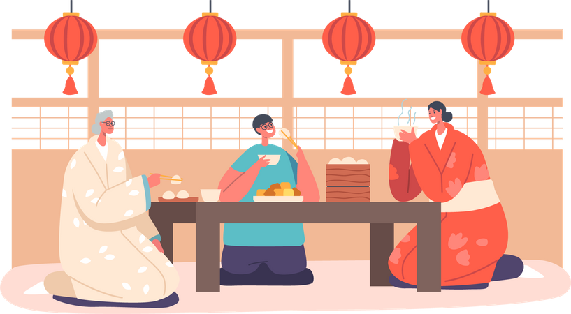 Asiatische Familie und Kind essen zu Hause zu Abend  Illustration