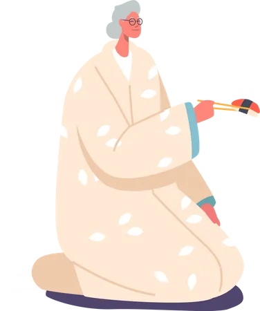 Asiatische Frau im Alter isst Sushi mit Stäbchen auf dem Boden sitzend  Illustration