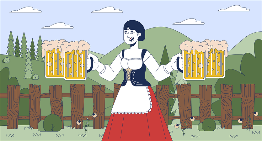 Asiatische Kellnerin trägt Bier beim Oktoberfest  Illustration