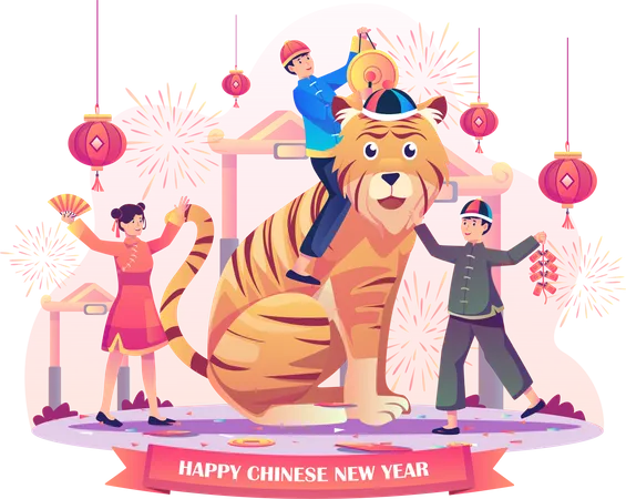 Asiatische Kinder feiern das chinesische Neujahr  Illustration
