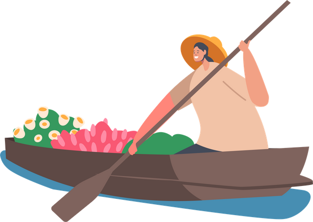 Asiatische Verkäuferin trägt Strohhut und verkauft Obst und Blumen auf einem Holzboot  Illustration