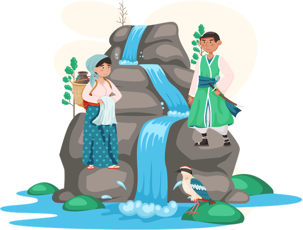 Asiatischer Mann und Frau in Nationalkleidung stehen in der Nähe einer Wasserfall-Berglandschaft  Illustration