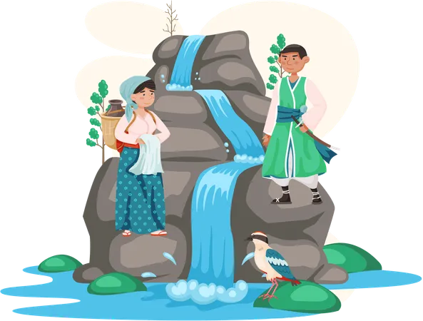 Asiatischer Mann und Frau in Nationalkleidung stehen in der Nähe einer Wasserfall-Berglandschaft  Illustration