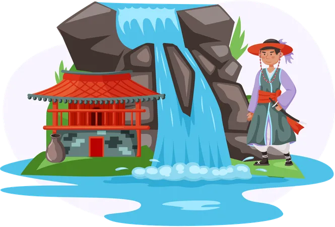 Asiatischer Tempel im traditionellen Stil mit einem Mann in Nationaltracht, der neben einem Wasserfall steht  Illustration