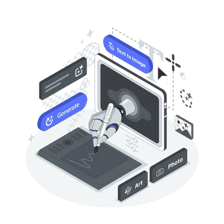 Asistente de inteligencia artificial en el editor de gráficos rasterizados  Ilustración