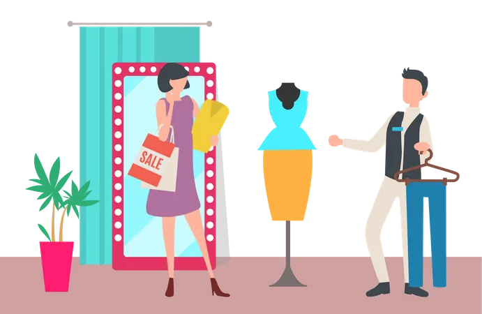 Asistente de moda mostrando ropa al cliente  Ilustración