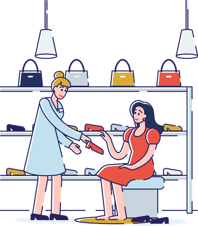 Asistente de tienda ayuda a elegir y probarse zapatos a una mujer en una tienda de calzado  Illustration