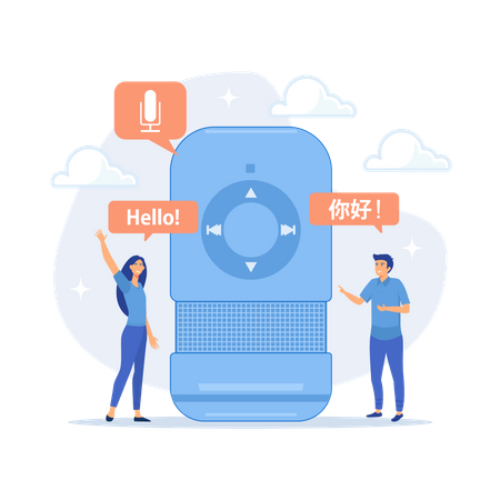 Asistente de voz traduciendo a idiomas extranjeros.  Ilustración