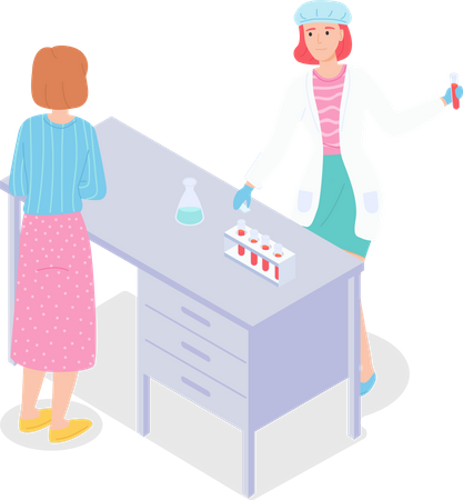 Enfermera asistente médico sosteniendo tubos de ensayo con sangre en la mano  Ilustración