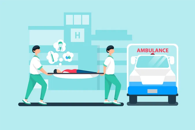 Asistente médico trasladando al paciente a la ambulancia  Ilustración