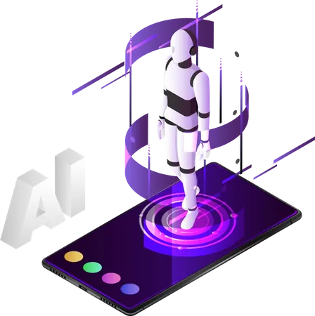 Robot AI Asistente Personal De Banner Web Isometrico 3 D En Telefono Inteligente Pagina De Inicio Del Concepto De Inteligencia Artificial Y Aprendizaje Automatico Ilustración