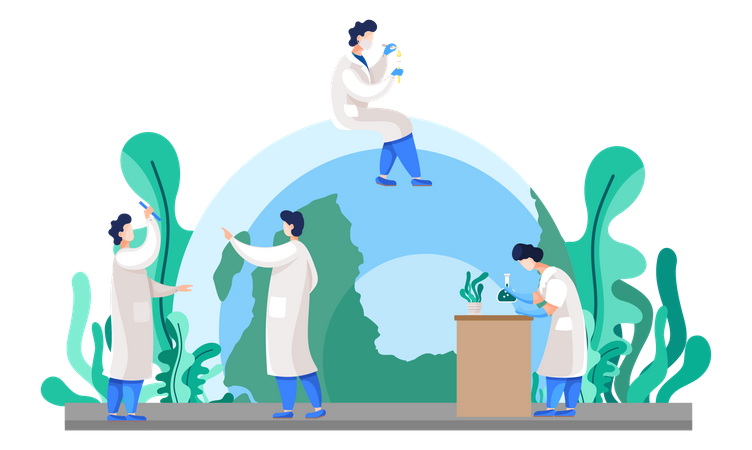 Asistentes de laboratorio realizan experimentos con plantas  Ilustración