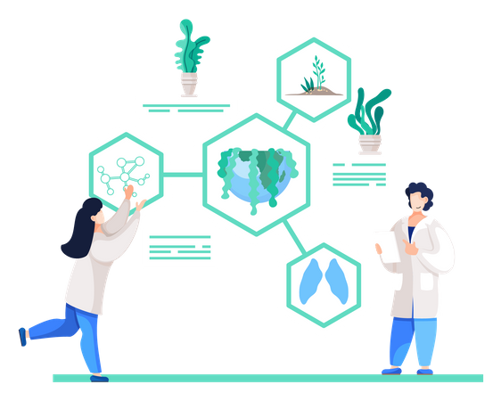 Asistentes de laboratorio realizan investigaciones con plantas  Ilustración