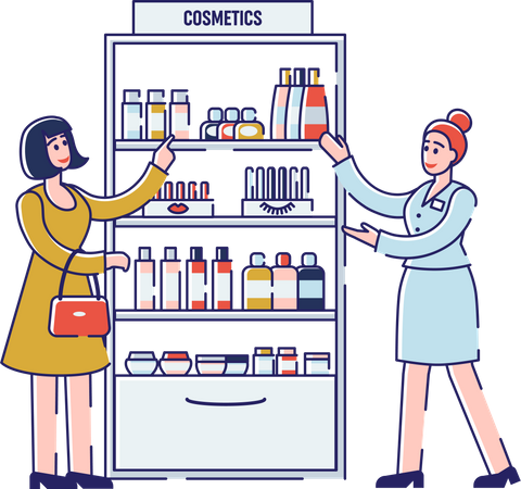 Asociado de ventas que asesora al cliente sobre productos cosméticos y ofertas especiales  Ilustración