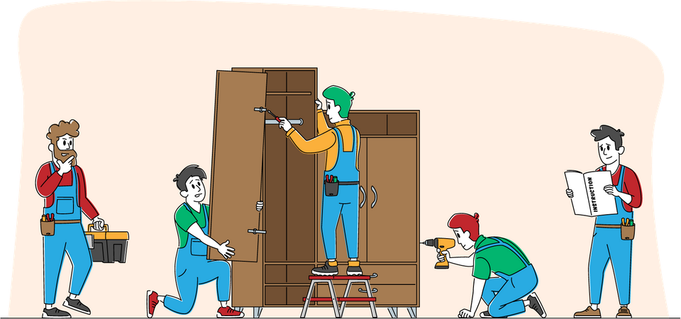 Ouvrier d'assemblage de meubles assemblant une armoire  Illustration