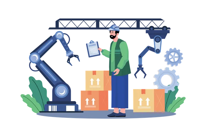 Assembly Line With Industrial Robotic Arms  Illustration