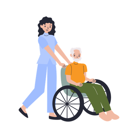 Assistance en fauteuil roulant fournie par une infirmière  Illustration