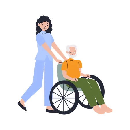 Assistance en fauteuil roulant fournie par une infirmière  Illustration