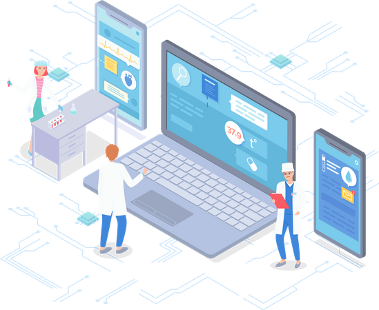 Assistant de laboratoire et médecins consultant les patients à distance via des appareils modernes  Illustration