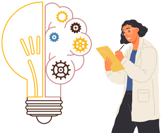 L'assistant de laboratoire travaille avec un plan créatif d'entreprise, crée une idée de nouveau projet, planifie le démarrage  Illustration